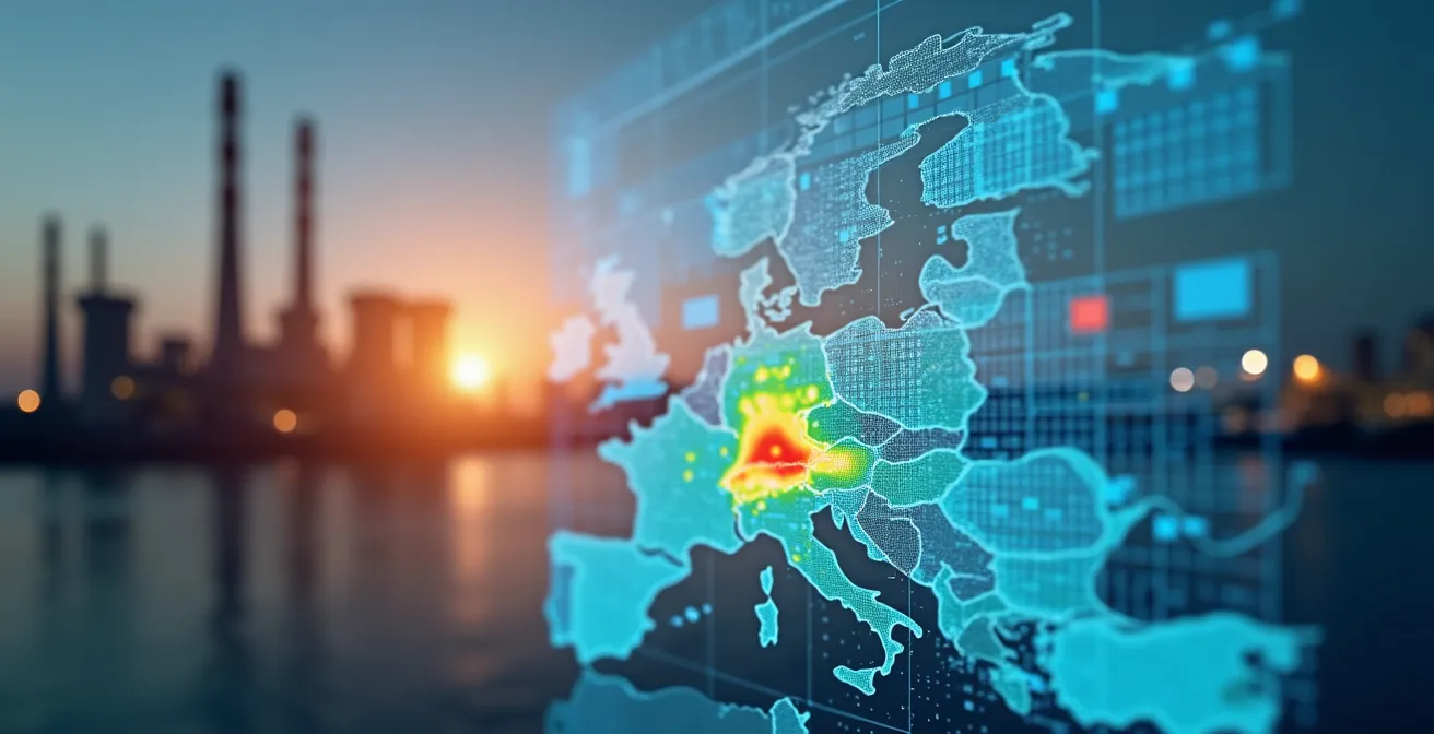 Vue conceptuelle montrant une carte énergétique et un bilan de consommation en entreprise