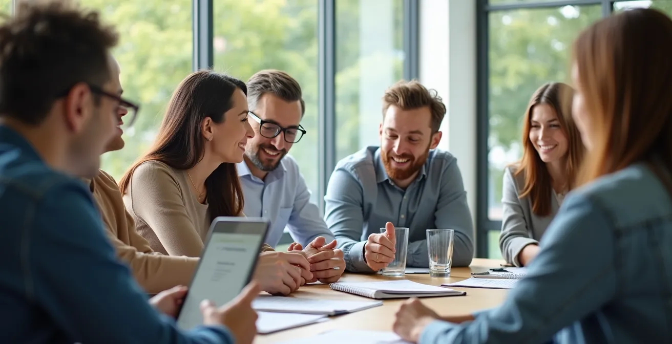 Photo humaniste montrant la collaboration et la sensibilisation des employés en entreprise pour l'efficacité énergétique