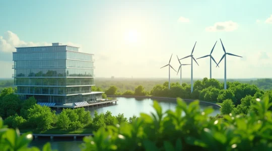 Image symbolique de la transition énergétique en entreprise avec des éléments visuels représentant l'énergie renouvelable et l'efficacité énergétique