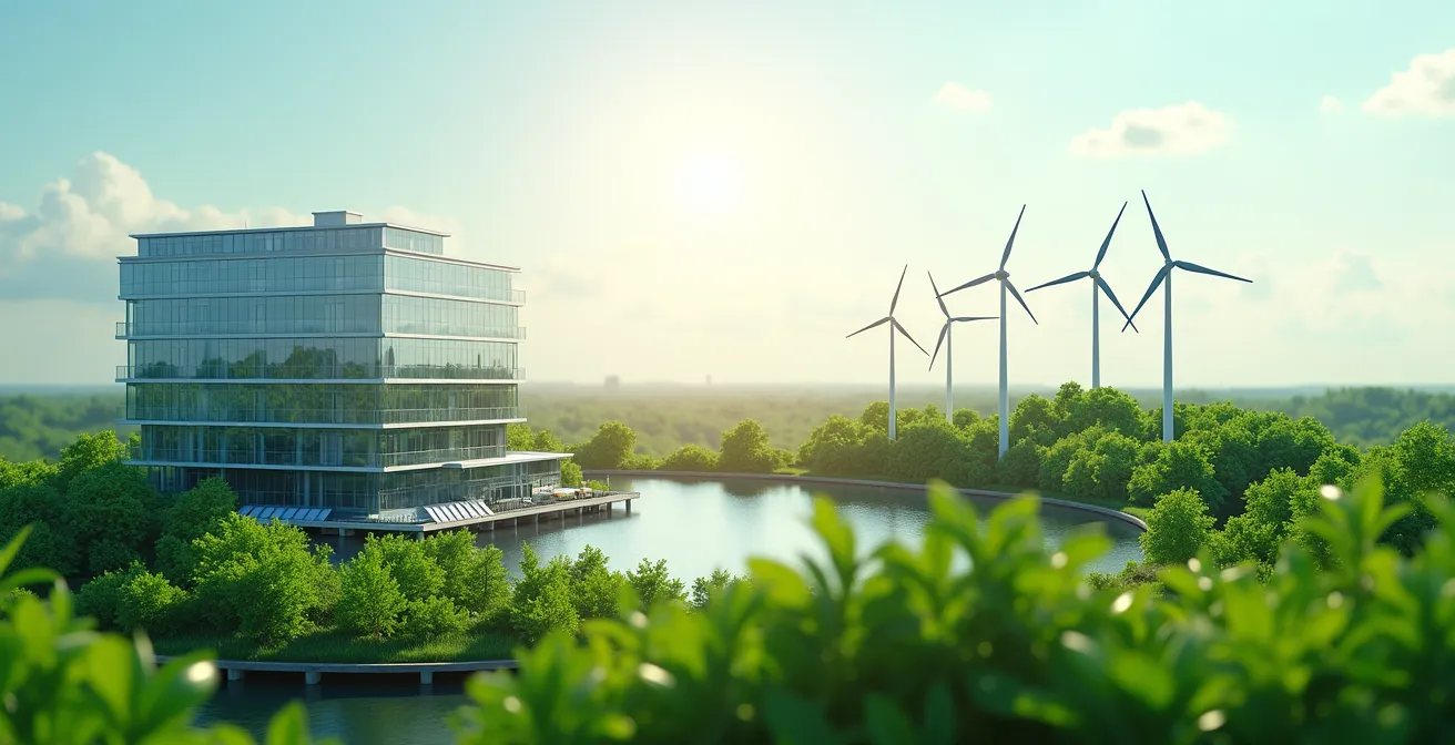 Image symbolique de la transition énergétique en entreprise avec des éléments visuels représentant l'énergie renouvelable et l'efficacité énergétique