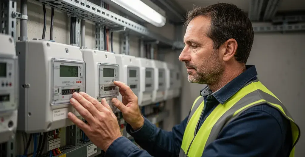 Technicien inspectant compteurs électriques pour collecte données énergie décret tertiaire