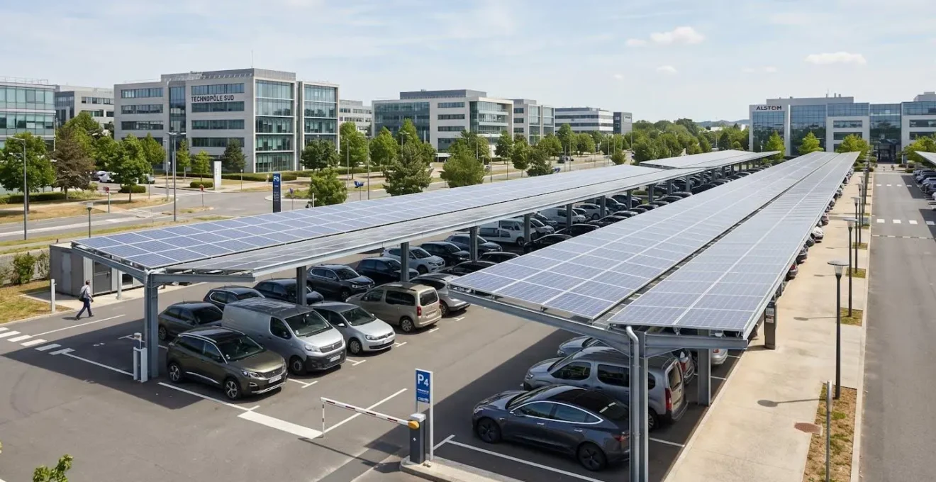 Parking d'entreprise équipé d'ombrières photovoltaïques modernes avec véhicules stationnés dessous et bâtiment professionnel en arrière-plan dans une zone d'activité française