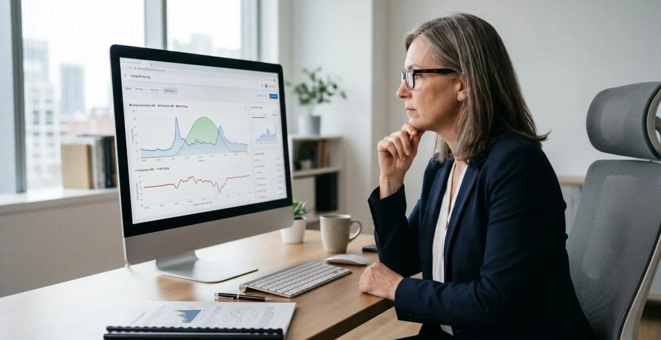Responsable d'entreprise senior analysant des graphiques de production photovoltaïque et consommation électrique sur écran de monitoring dans un bureau contemporain