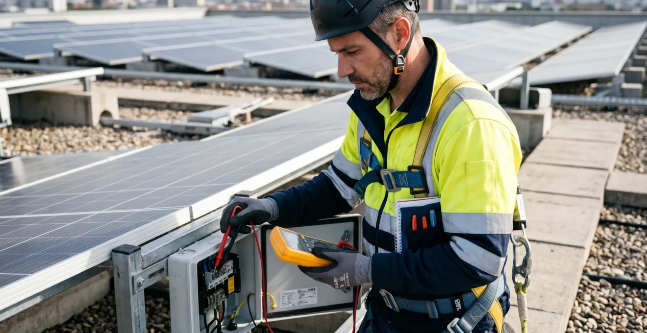 Technicien photovoltaïque professionnel en tenue de sécurité effectuant une opération de maintenance préventive avec multimètre sur panneaux solaires en toiture industrielle