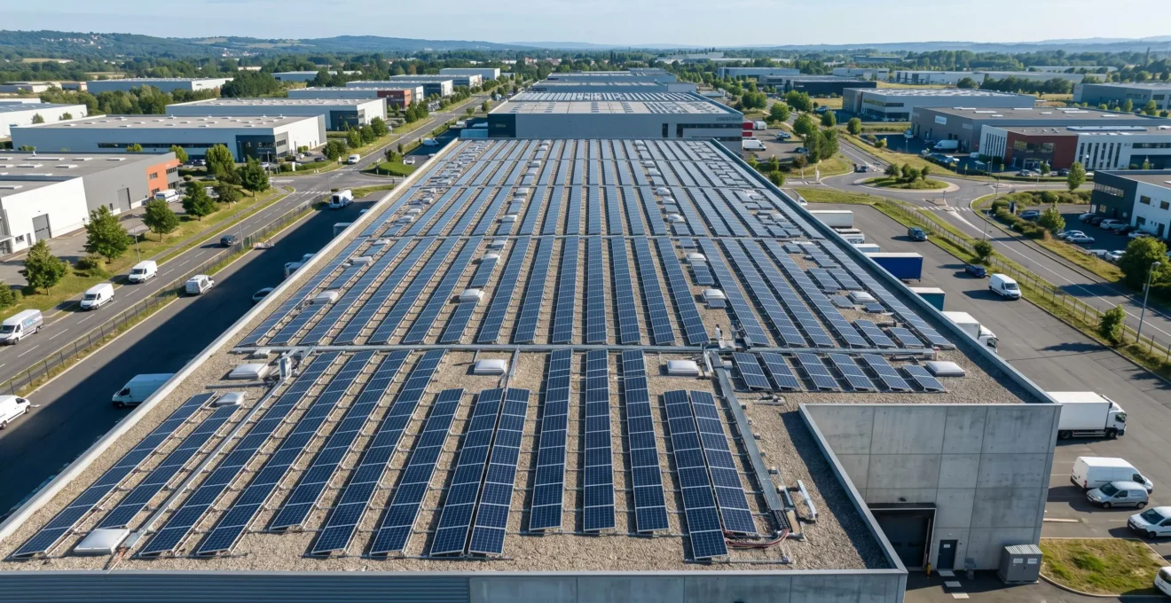 Vue aérienne d'une installation photovoltaïque professionnelle sur toiture industrielle avec rangées de panneaux solaires alignés et bâtiment d'exploitation en arrière-plan dans une zone d'activité française