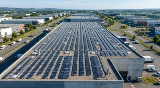 Vue aérienne d'une installation photovoltaïque professionnelle sur toiture industrielle avec rangées de panneaux solaires alignés et bâtiment d'exploitation en arrière-plan dans une zone d'activité française