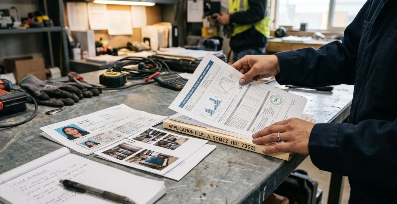 Des mains préparent un dossier de demande en rangeant des documents dans un classeur.
