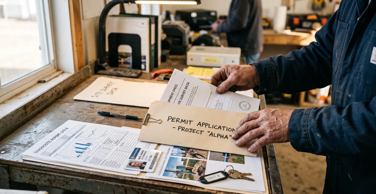 Des mains préparent un dossier de demande en rangeant des documents dans un classeur.