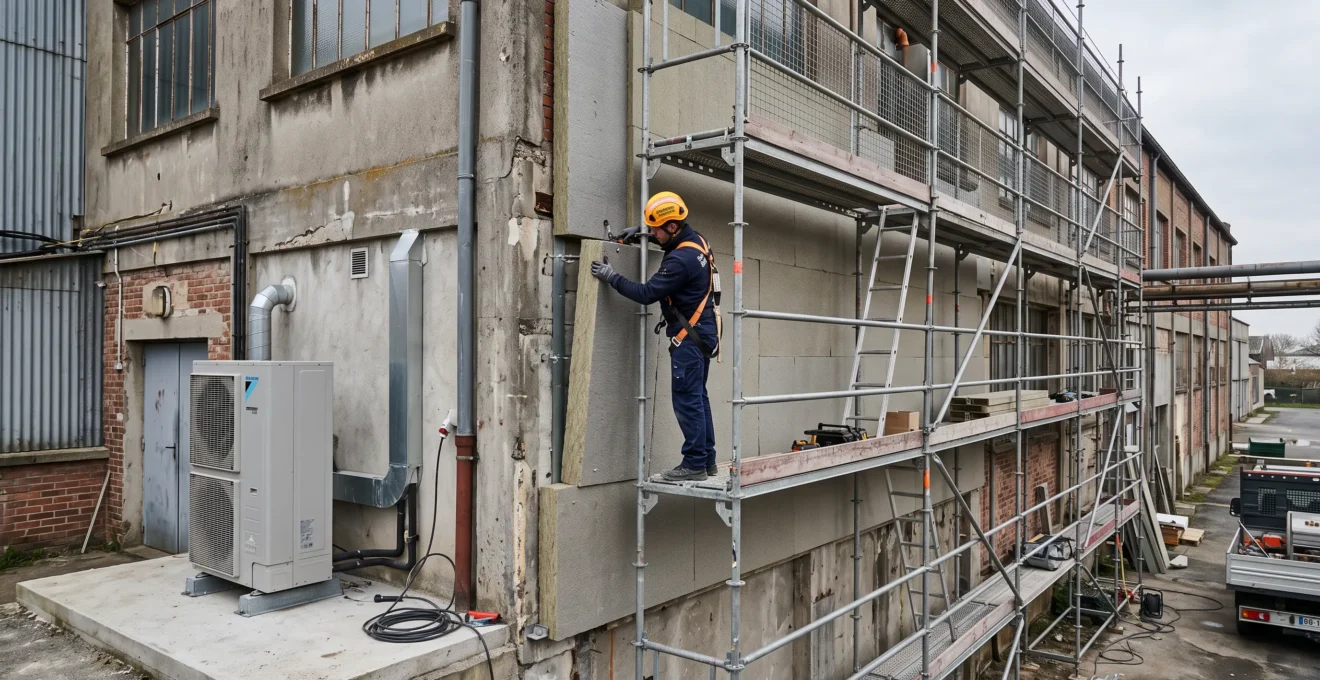 Un technicien pose des panneaux d'isolation thermique sur la façade d'un bâtiment industriel.