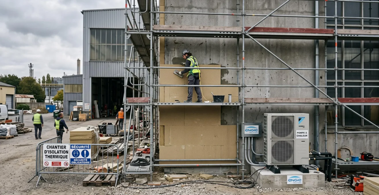 Un technicien pose des panneaux d'isolation thermique sur la façade d'un bâtiment industriel.